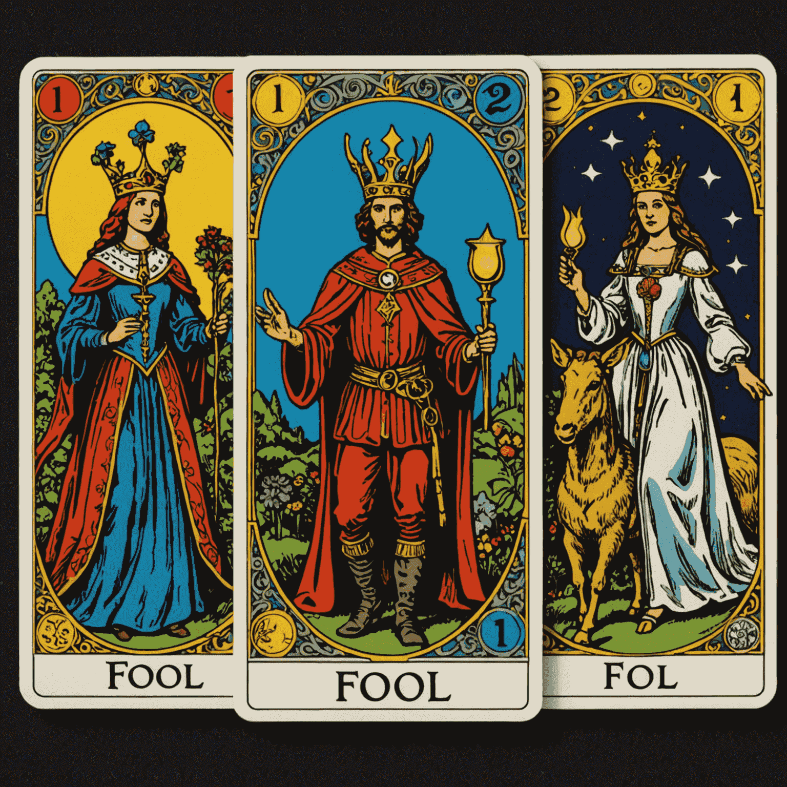 Rider-Waite Tarot destesinden The Fool, The Magician ve The High Priestess kartlarını gösteren resim. Kartlar detaylı çizimler ve canlı renklerle karakterize edilmiş.