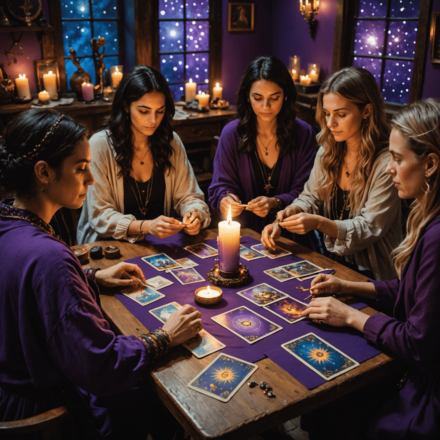 Etik tarot okuması yapan bir grup profesyonel. Masada tarot kartları, kristaller ve mor mumlar var. Arka planda astrolojik semboller ve yıldızlar görünüyor.